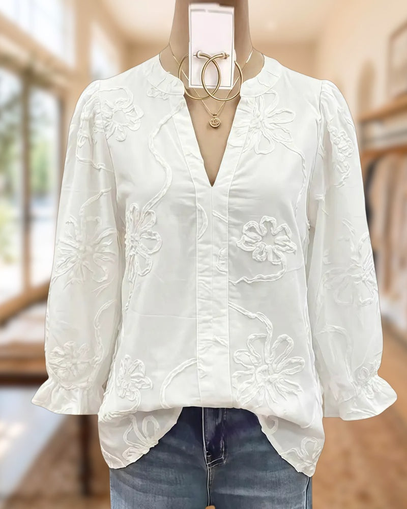 Solid Color Chic Puff Sleeve V Neck Blouse