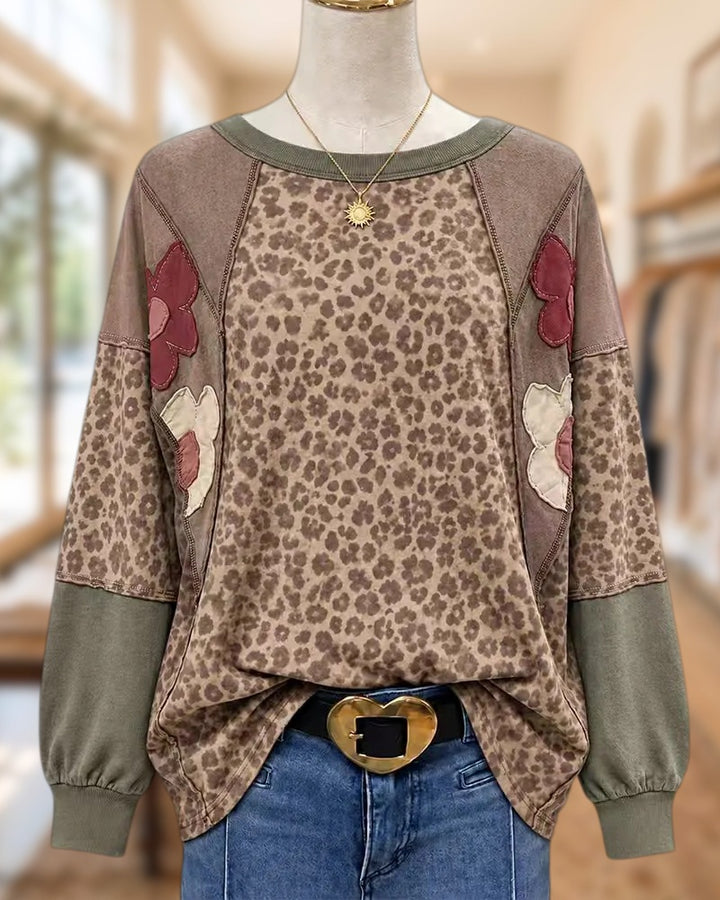 Leopard Patchwork Floral Applique Contrast Sleeve Cozy Chic Sweatshirt