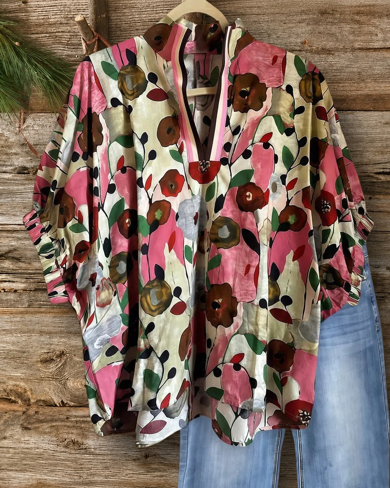 Floral Print Chic Batwing Sleeve V Neck T-Shirt