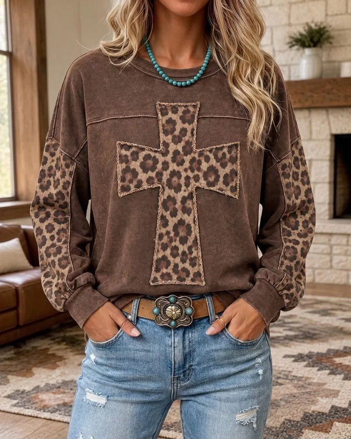 Leopard Cross Applique Crew Neck Long Sleeve Sweatshirt