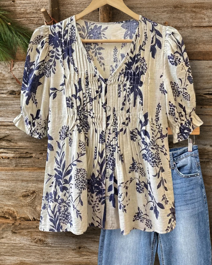 V Neck Shirred Bodice Puff Sleeve Button Front Elegant Blouse