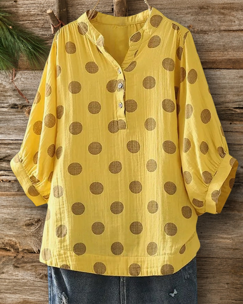 Polka Dot Half Placket Lantern Sleeve Loose Casual Blouse