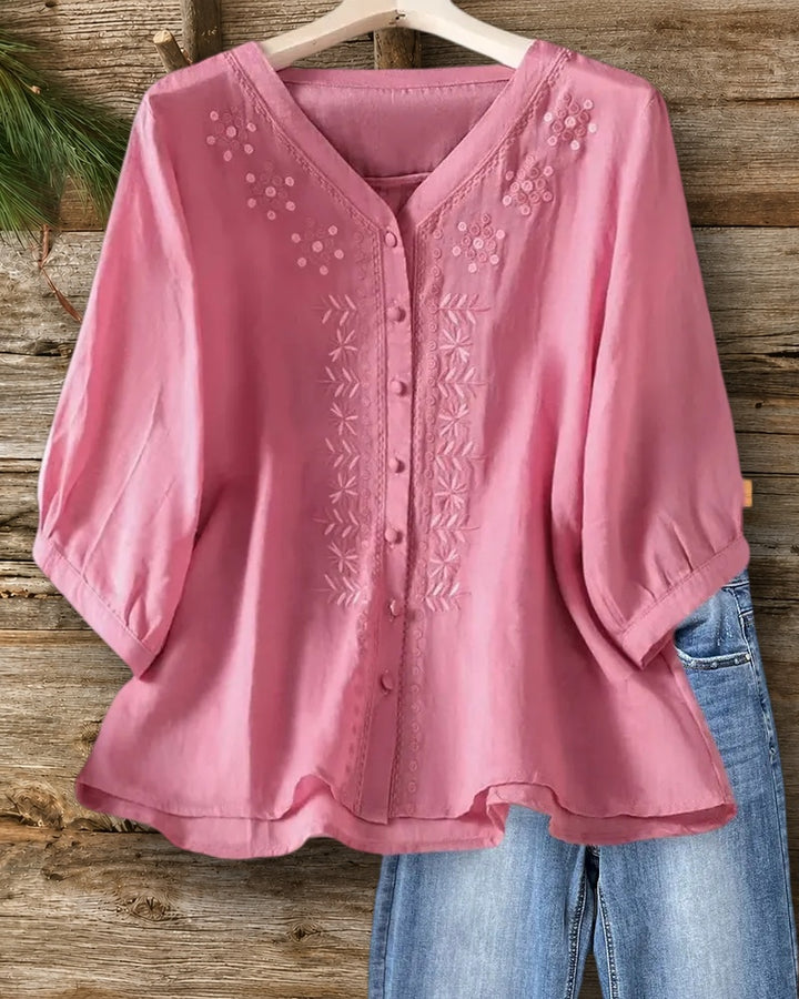 V Neck Floral Embroidery Button Front 3/4 Sleeve Flowy Blouse