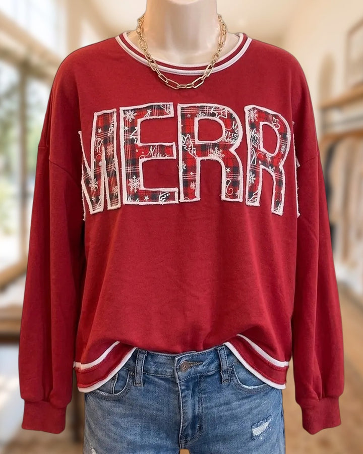 Plaid Merry Letter Applique Contrast Trim Drop Shoulder Cozy Cheerful Sweatshirt