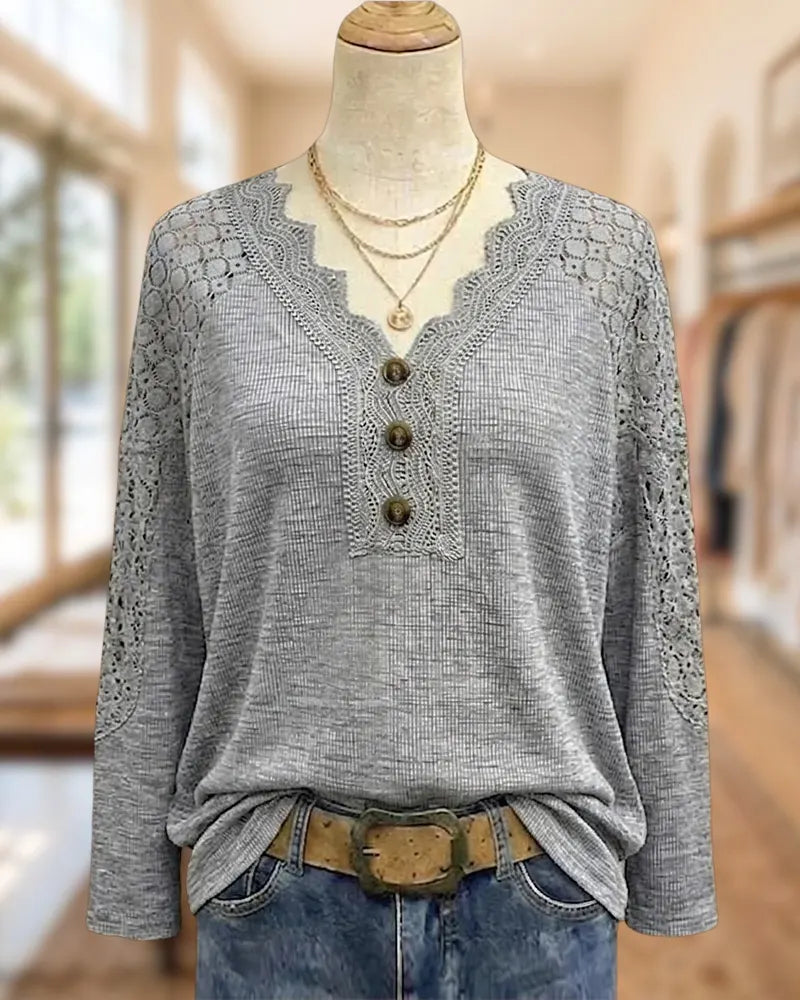 V Neck Lace Trim Button Accent Long Sleeve Blouse