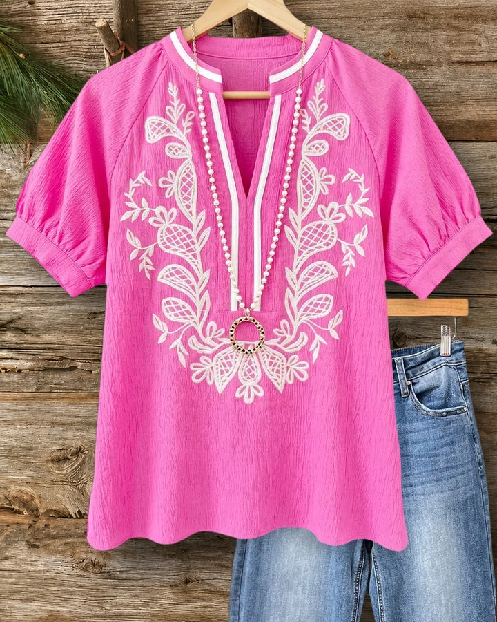 Floral Embroidery V Neck Puff Sleeve Bohemian Blouse