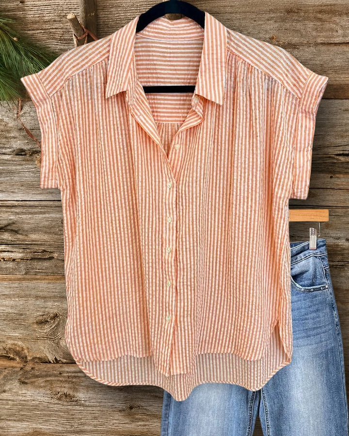 Striped Collared Button Front Cap Sleeve High Low Shirt