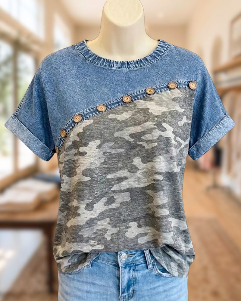 Camo Contrast Button Decor Rolled Sleeve Crew Neck T-shirt