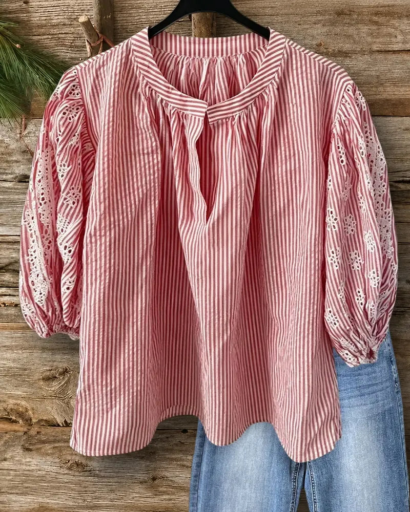 Striped Puff Sleeve Eyelet Embroidery V Neck Casual Blouse