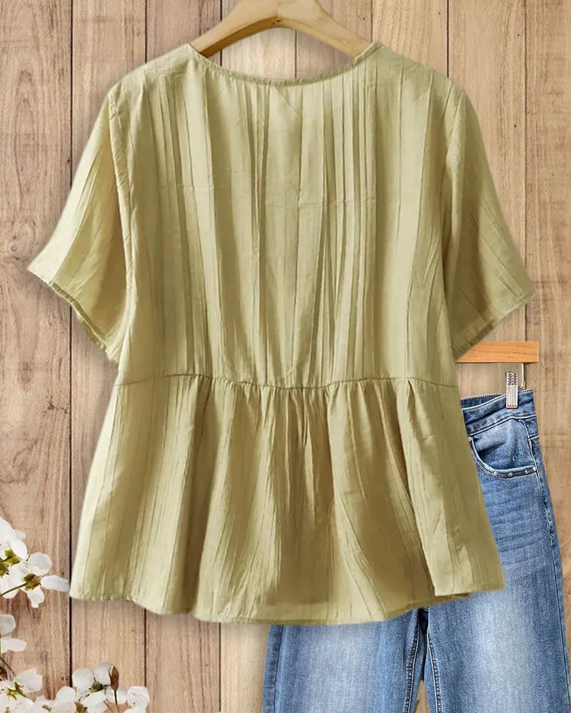Solid Color Frog Button Short Sleeve Peplum Casual Blouse