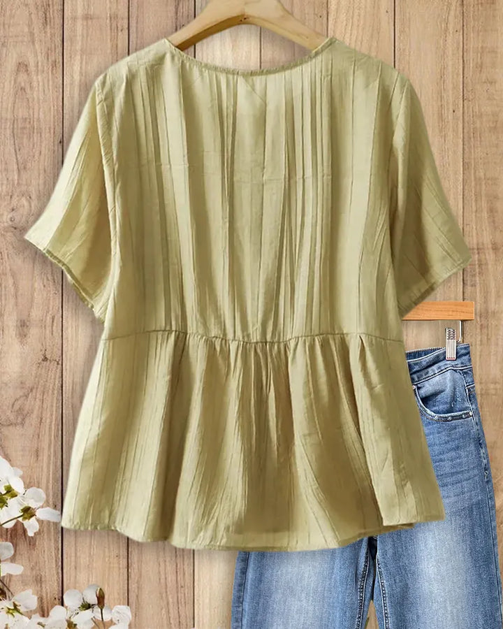 Solid Color Frog Button Short Sleeve Peplum Casual Blouse