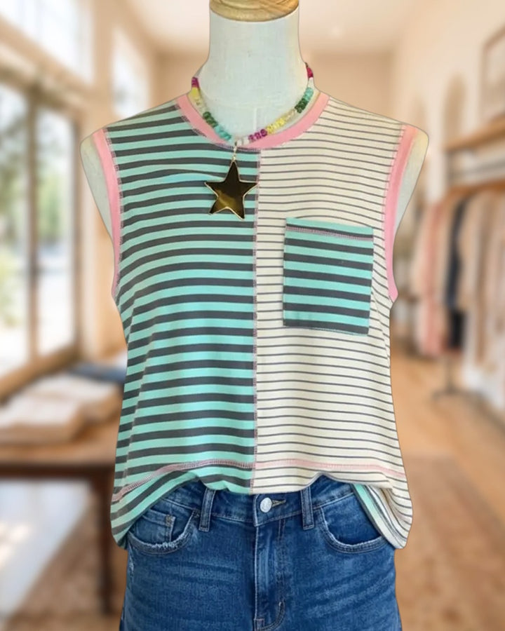 Contrast Trim Spliced Striped Patch Pocket Casual Tank Top