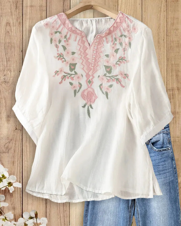 Embroidered V Neck 3/4 Sleeve Loose Casual Lightweight Blouse