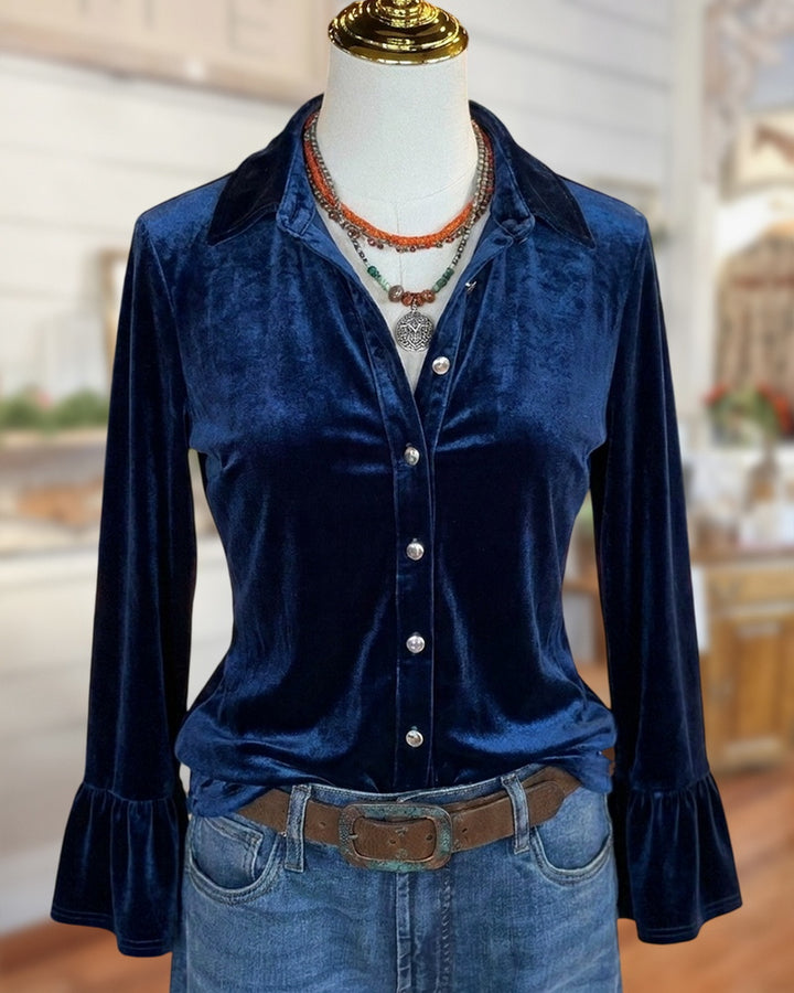 Collared Button Front Bell Sleeve Velvet Blouse Top
