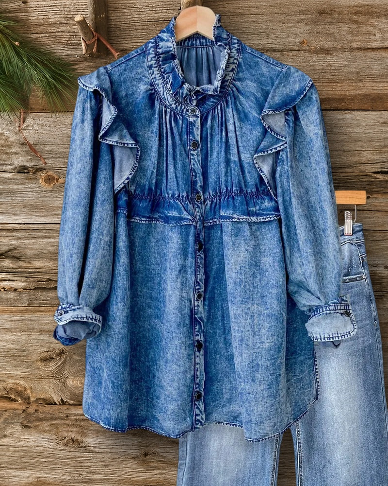 Blue Washed Ruffles Trim Urban Button Down Blouse