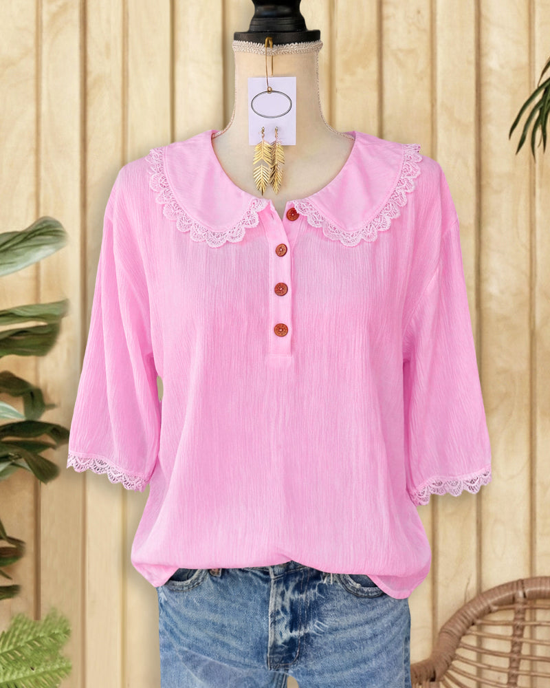 Solid Color Lace Trim Cute Peter Pan Collar Blouse