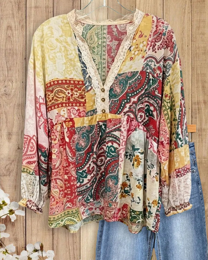 Lace Trim V Neck Patchwork Gathered Waist Long Sleeve Blouse