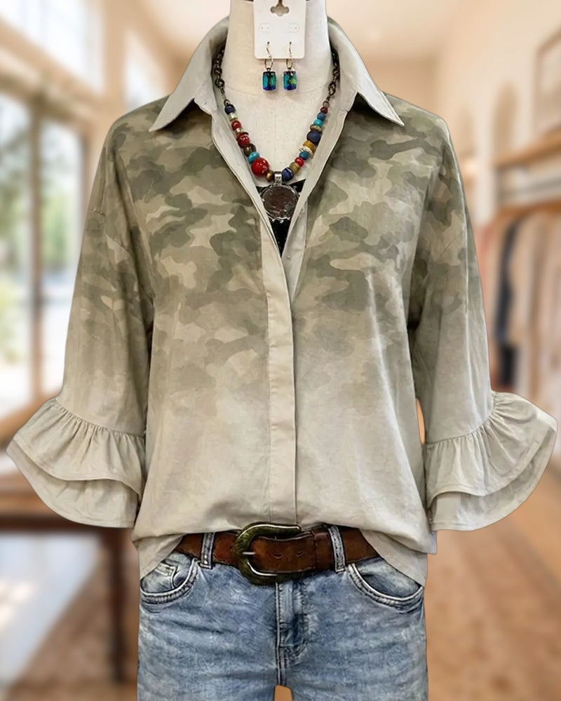 Camo Print Collared Ruffled Flare Sleeve Chic Shirt