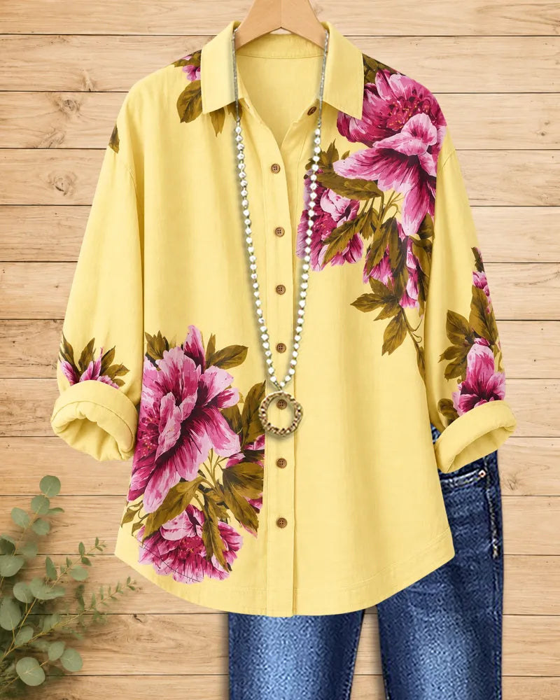 Floral Print Collared Button Down Long Sleeve Loose Shirt