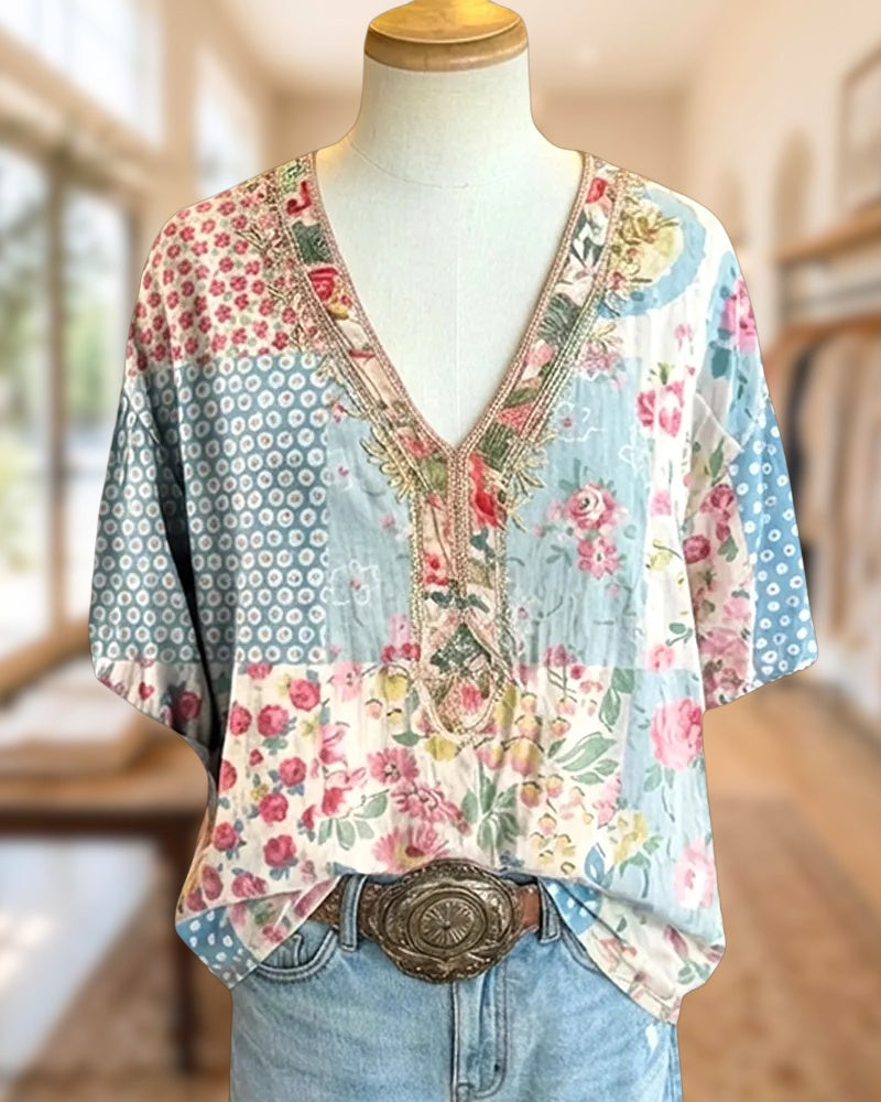 Floral Print Patchwork Pastoral V Neck Blouse