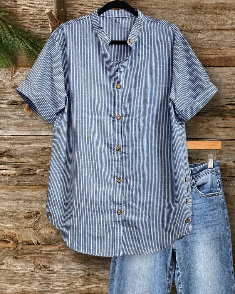 Mandarin Collar Striped Short Sleeve Button Down Shirt