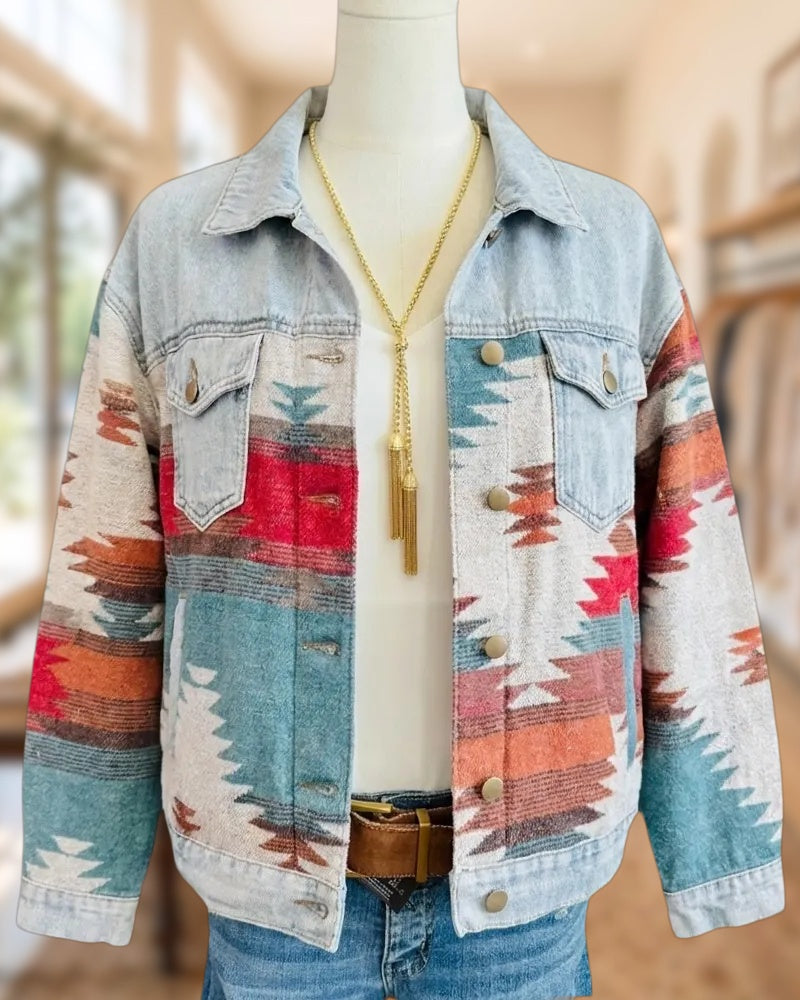 Aztec Print Patchwork Button Front Flap Pocket Denim Jacket