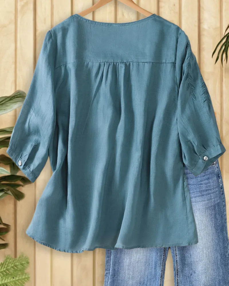 Embroidered Leaf Contrast Trim High Low Hem 3/4 Sleeve Blouse