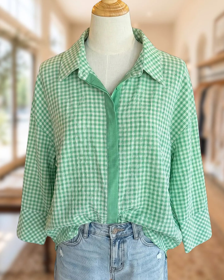 Gingham Contrast Placket Collared 3/4 Sleeve Casual Shirt