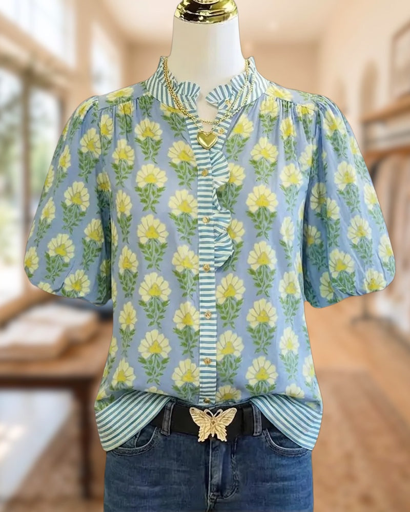 Floral Print Puff Sleeve Ruffle Placket Contrast Trim Blouse