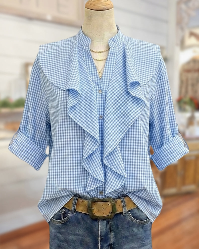 Ruffled Front Gingham Rolled Cuff Stand Collar Button Down Blouse