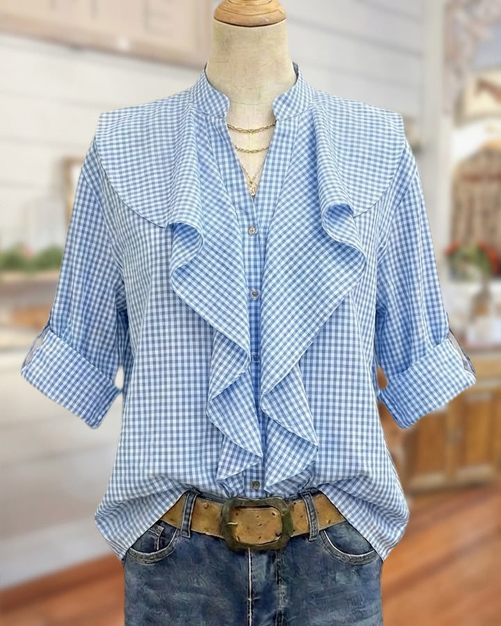 Ruffled Front Gingham Rolled Cuff Stand Collar Button Down Blouse