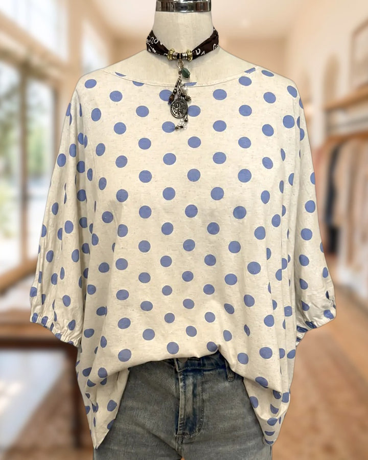 Polka Dot Boat Neck Dolman Sleeve Loose Casual Blouse