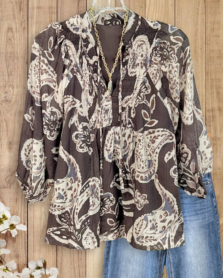 Paisley Print Smocked Tie Neck 3/4 Sleeve Boho Blouse
