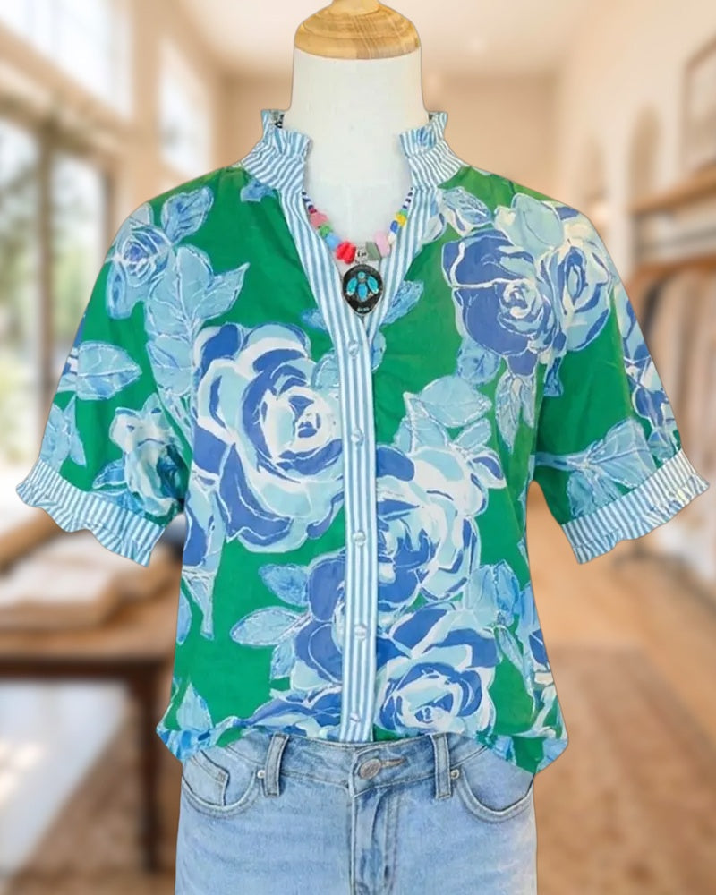 Floral Print Ruffled Trim Button Front Short Sleeve Blouse