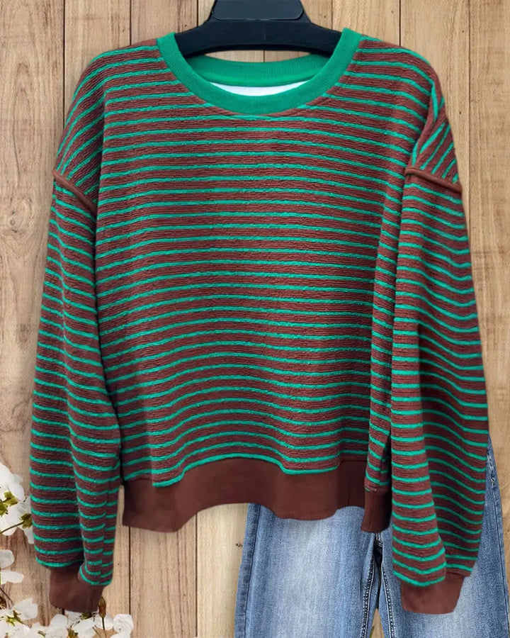 Striped Crew Neck Drop Shoulder Long Sleeve Casual Sweatshirt