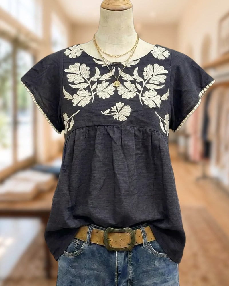 Floral Embroidered Round Neck Pom-pom Trim Blouse