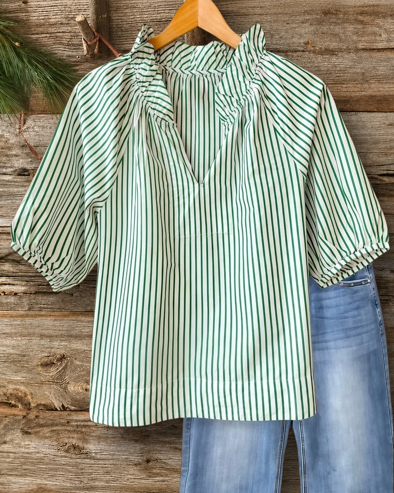 Striped V Neck Puff Sleeve Versatile Blouse