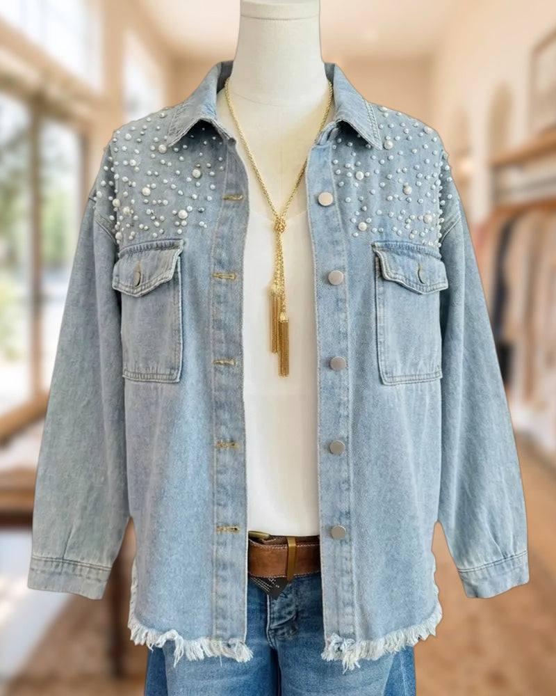 Pearl Embellished Flap Pocket Button Front Frayed Hem Denim Jacket