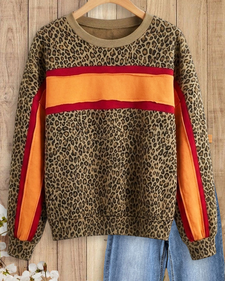 Leopard Print Color Block Crew Neck Loose Casual Sweatshirt