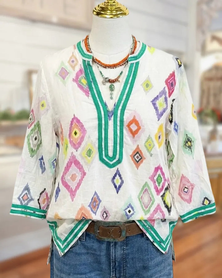 Contrast Trim Ikat Print Split Neck 3/4 Sleeve Blouse