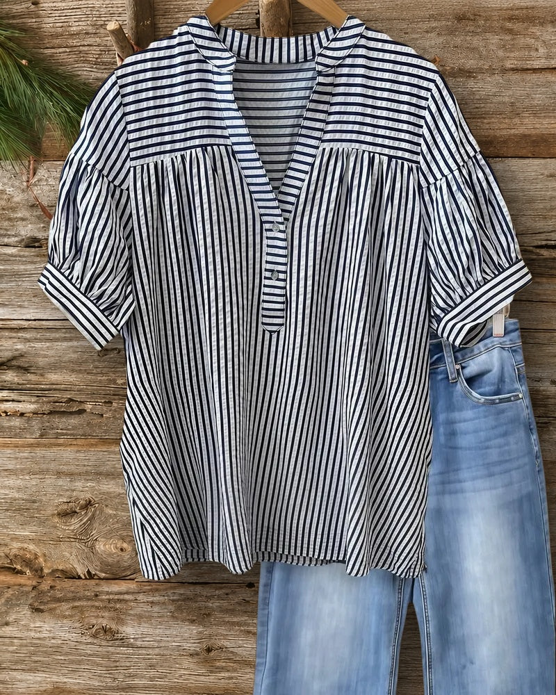 Vertical Striped Modern V Neck Blouse