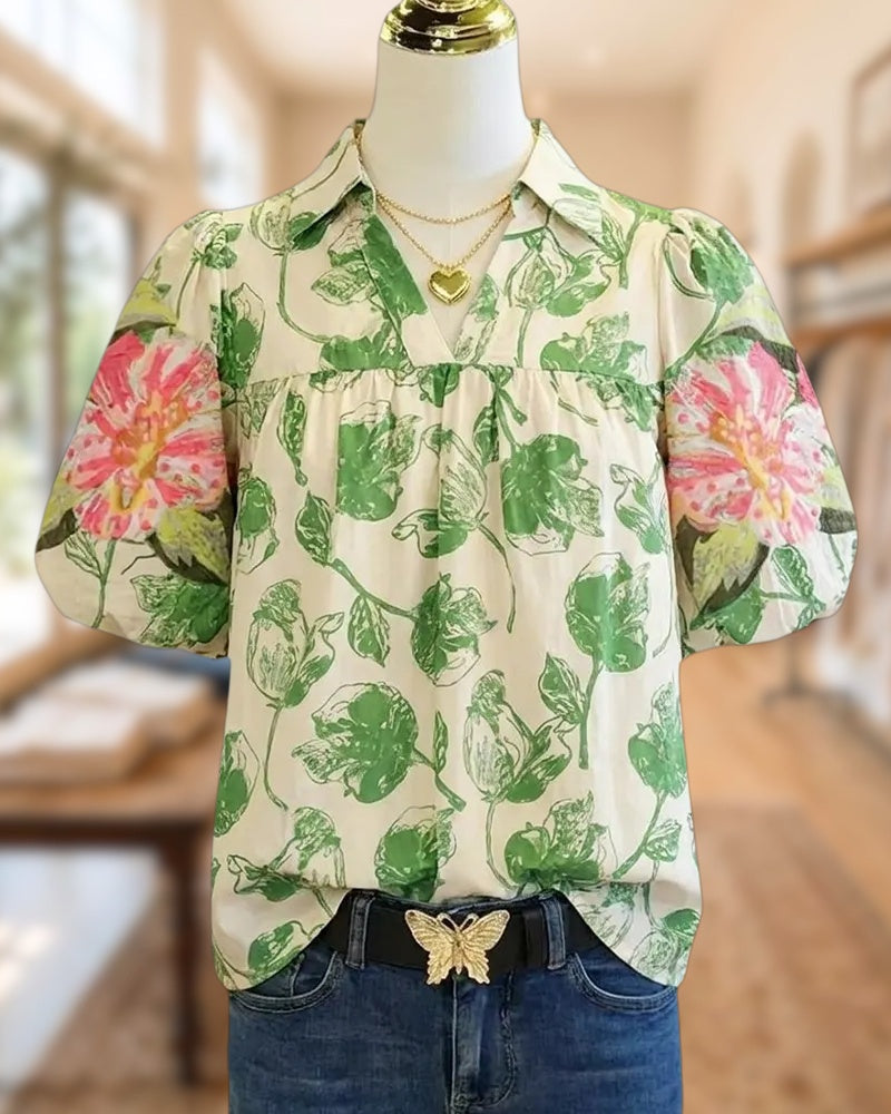 Floral Print Collared Puff Sleeve Gathered Bust Loose Blouse