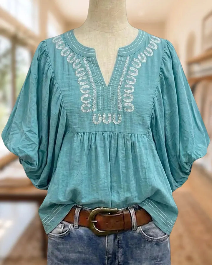 Embroidered V Neck Puff Sleeve Gathered Casual Loose Blouse