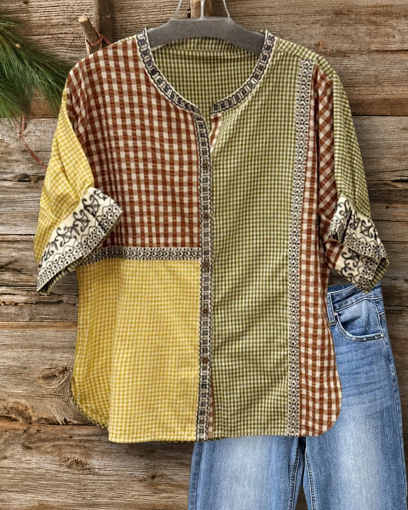 Plaid Patchwork Short Sleeve Button Up Casual Blouse