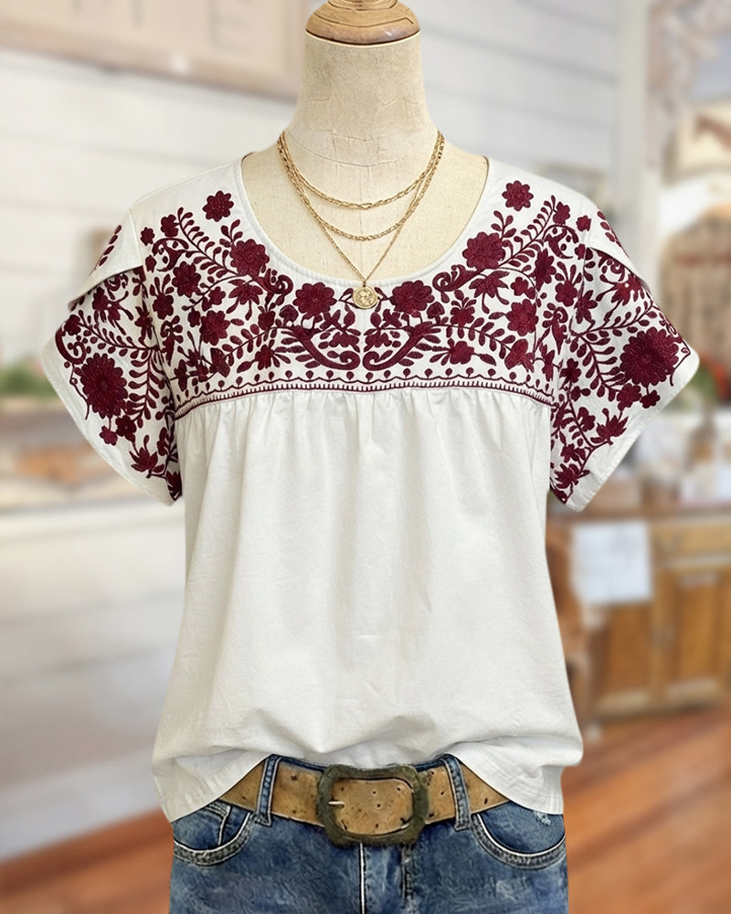 Floral Embroidered Flutter Sleeve Round Neck Babydoll Casual Top