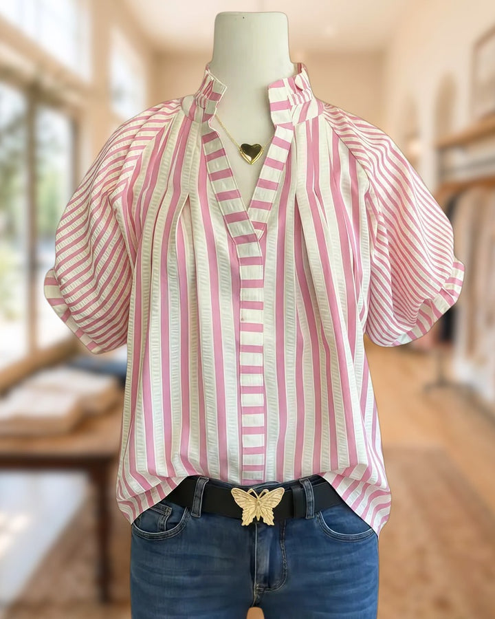 Striped Patchwork V Neck Puff Sleeve Versatile Blouse