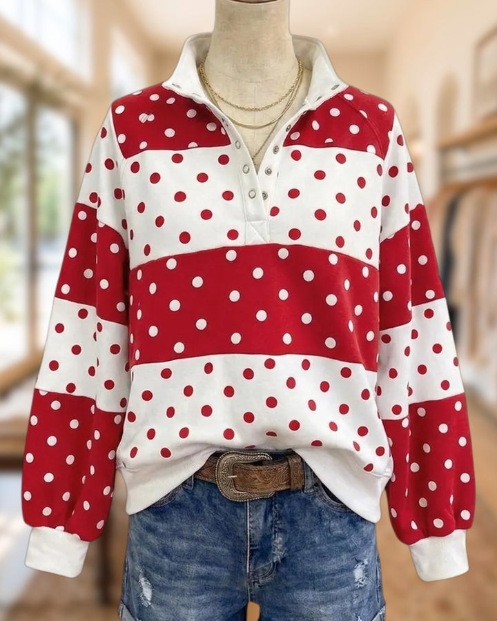 Polka Dot Color Block Snap Placket Loose Fit Raglan Sleeve Sweatshirt