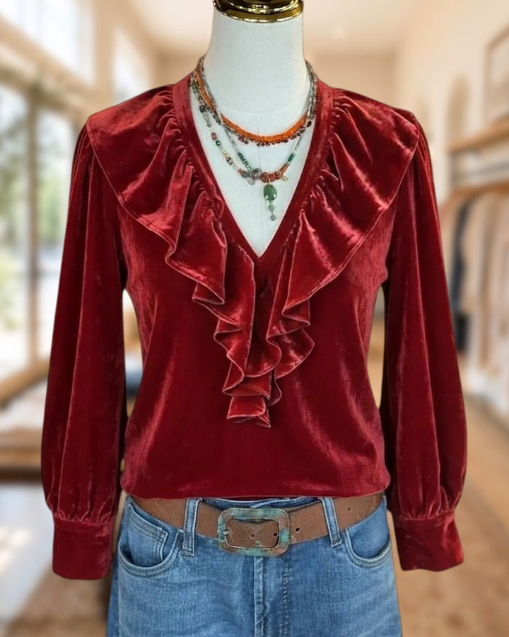Soft V Neck Ruffle Trim Long Sleeve Velvet Blouse