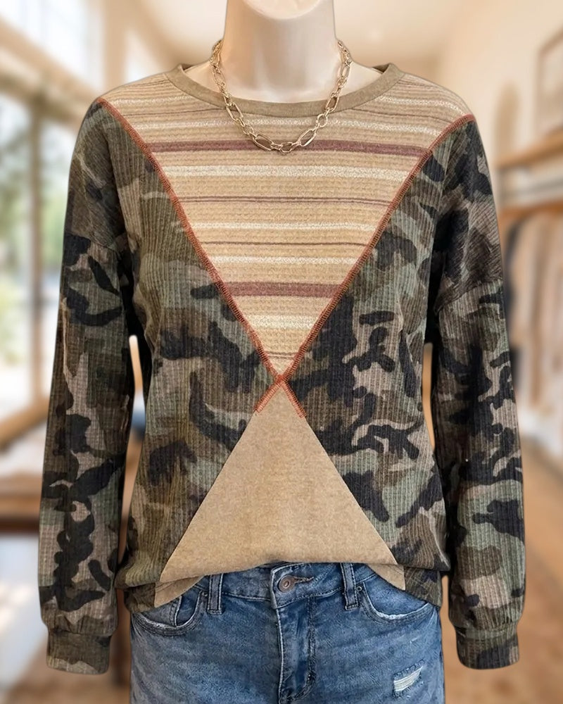Patchwork Camo Striped Round Neck Long Sleeve Top