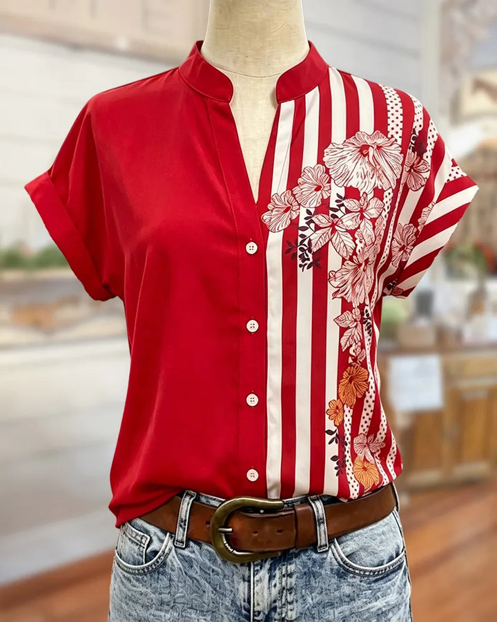 Mandarin Collar Button Front Mixed Print Short Sleeve Blouse